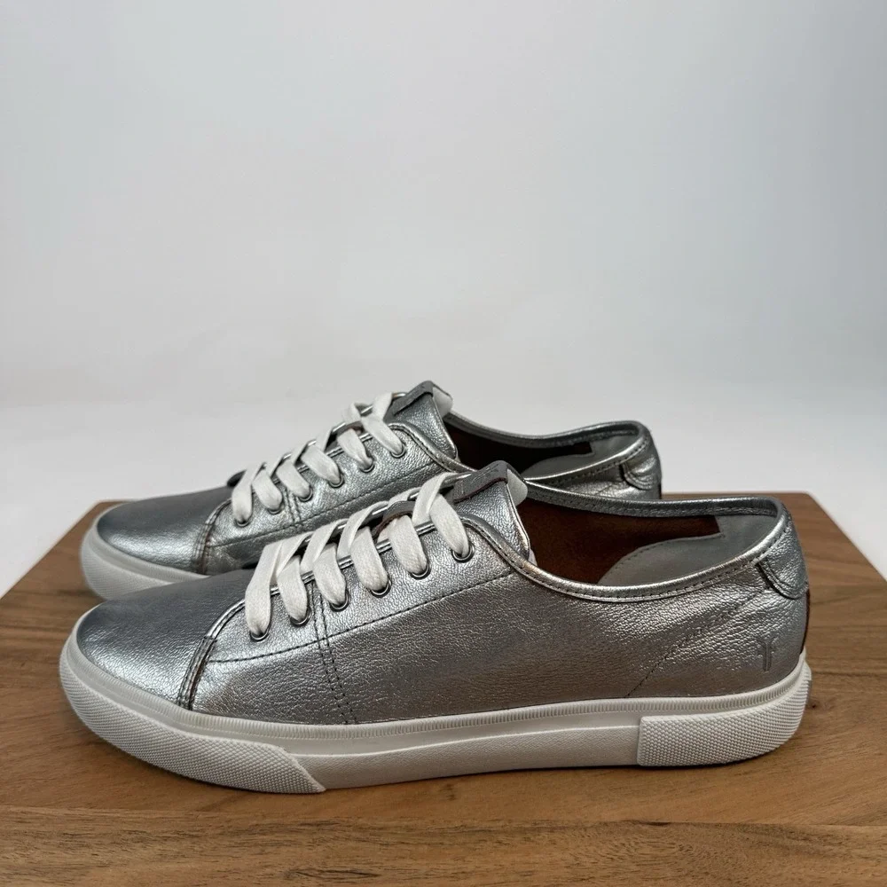 New Womens Frye Gia Pewter Metallic Leather Sneakers Shoes Size 9 M‎